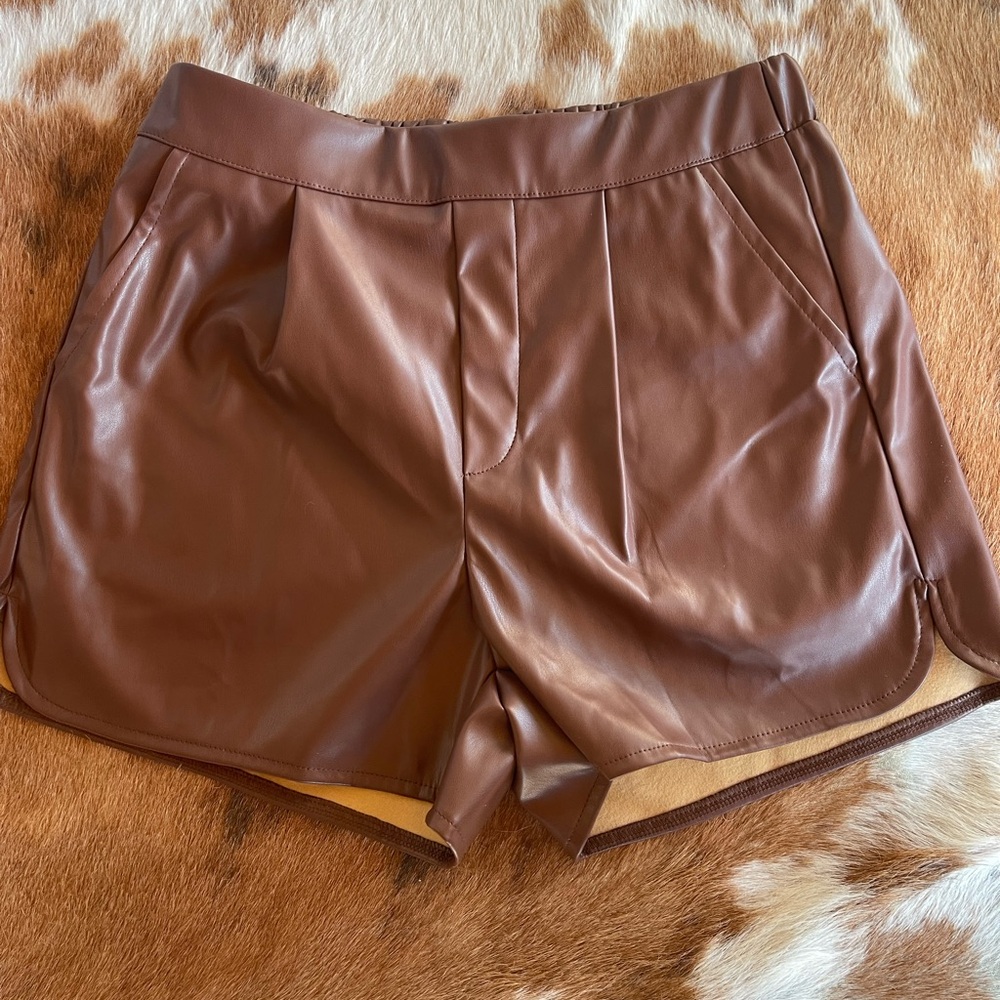 High Waist Brown Leather Women's Shorts